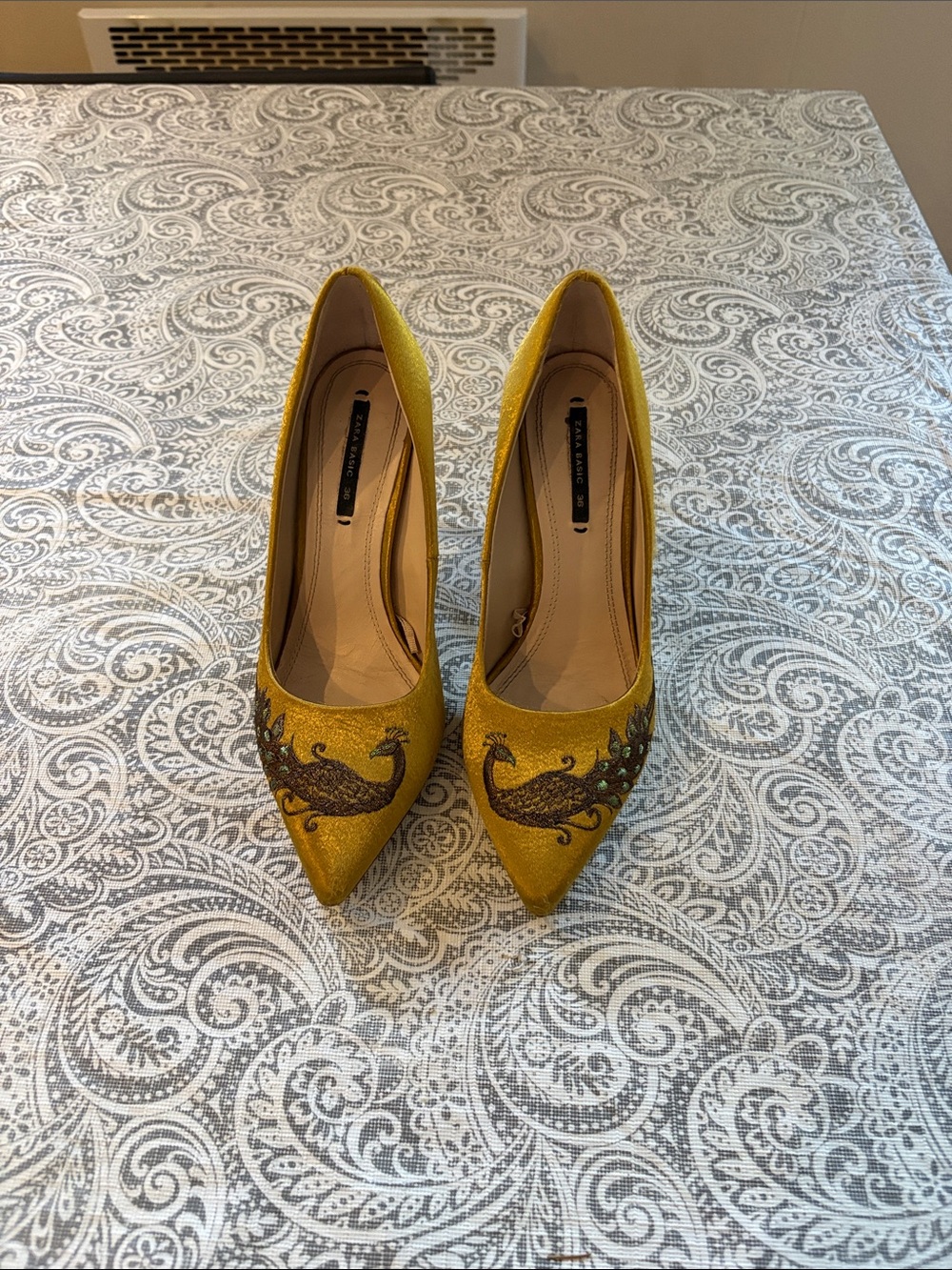 Zara Yellow Embroidered Pointed-Toe Heels